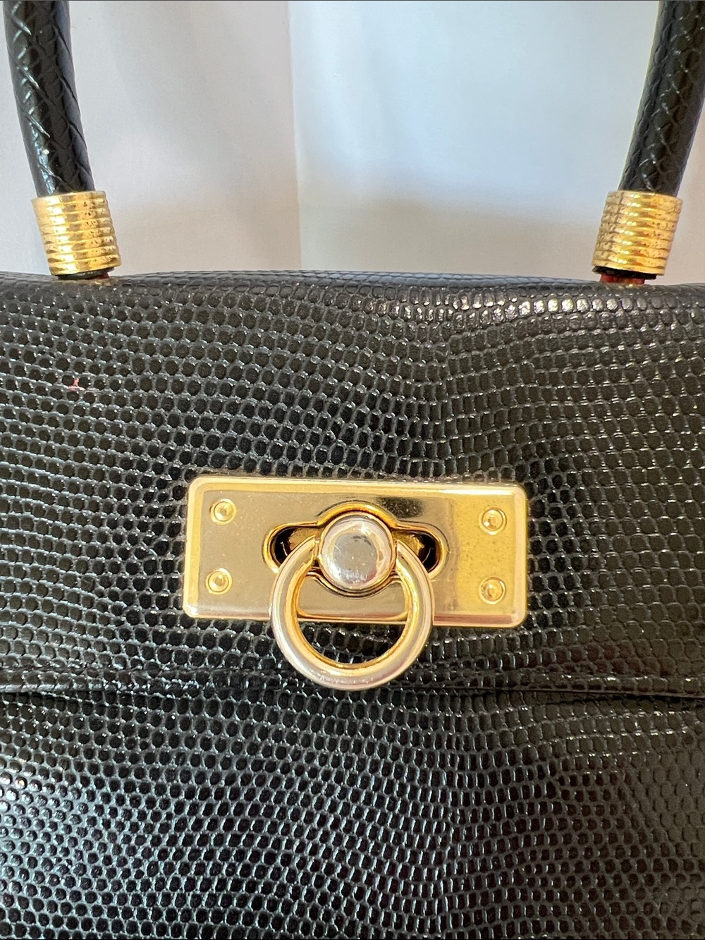 Vintage Black Faux Lizard Top Handle Handbag Gold Tone Ring Clasp - Picture 3 of 6